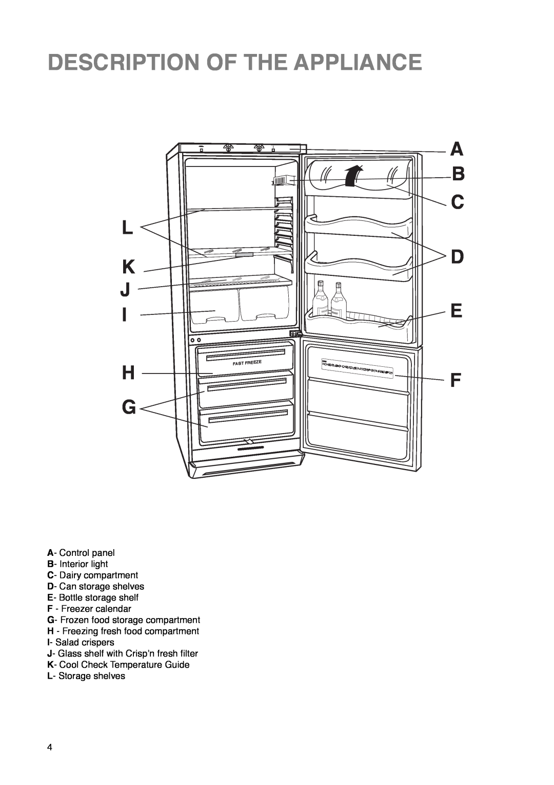 Zanussi ZKR 60/30 R manual Description Of The Appliance, L K J, A B C D E F 