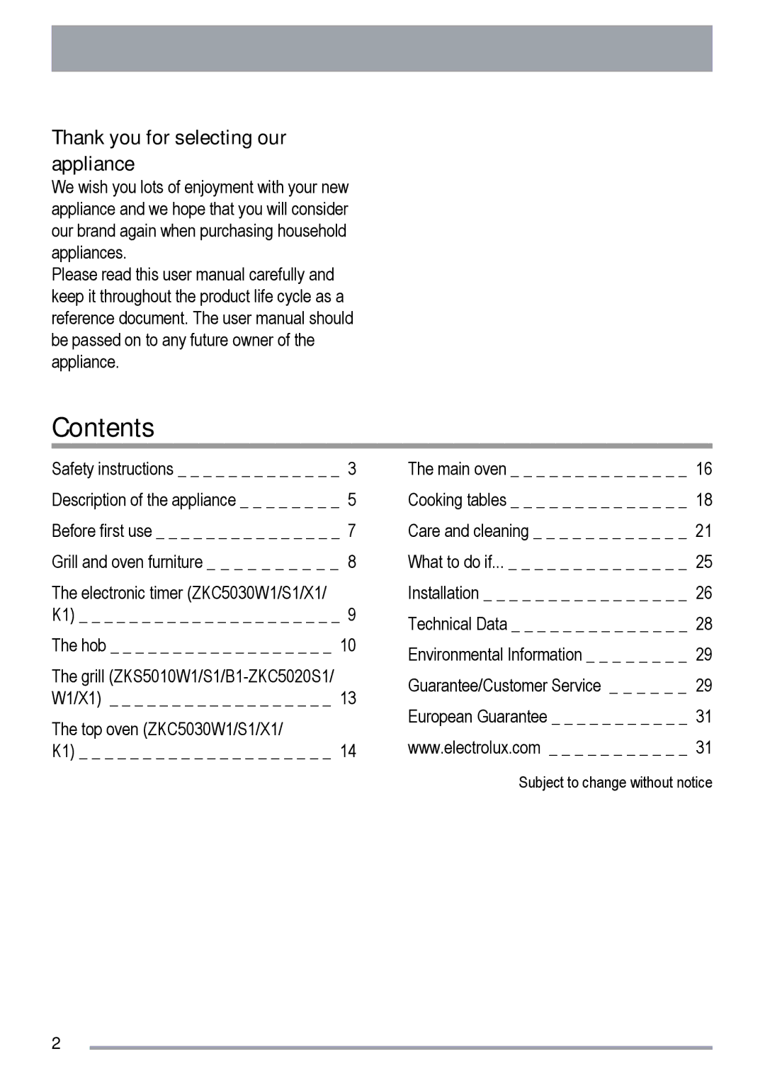 Zanussi ZKS5010, ZKC5020 user manual Contents 