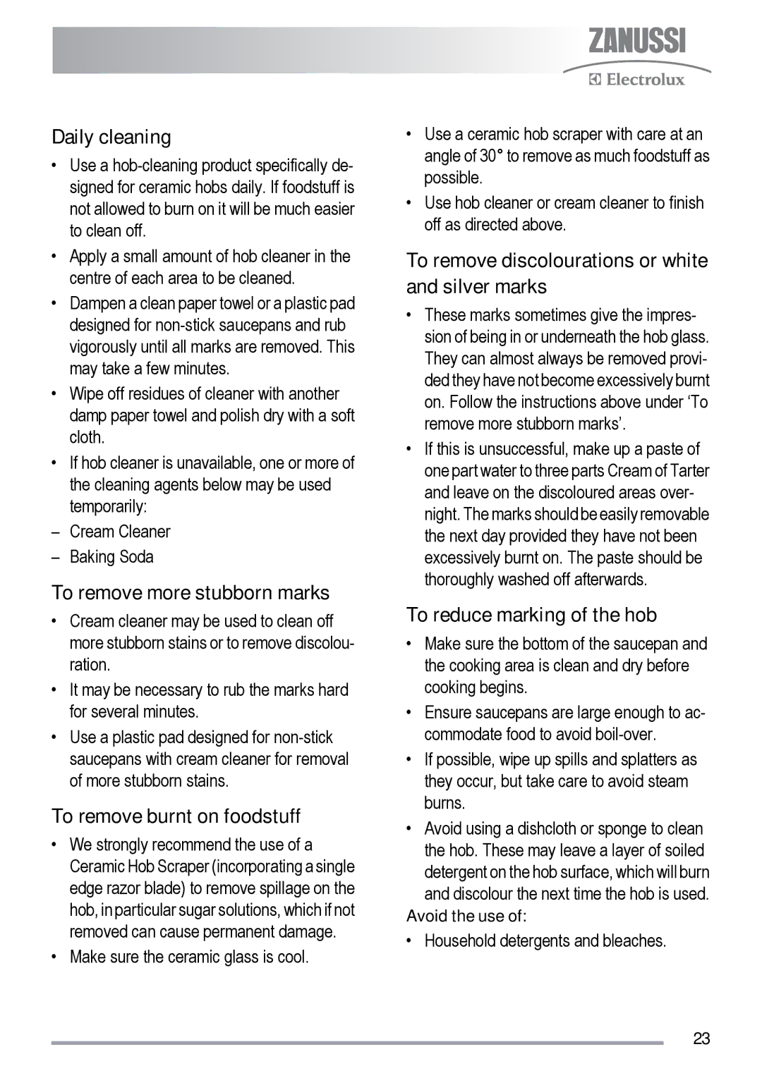 Zanussi ZKC5020 Daily cleaning, To remove more stubborn marks, To remove burnt on foodstuff, To reduce marking of the hob 
