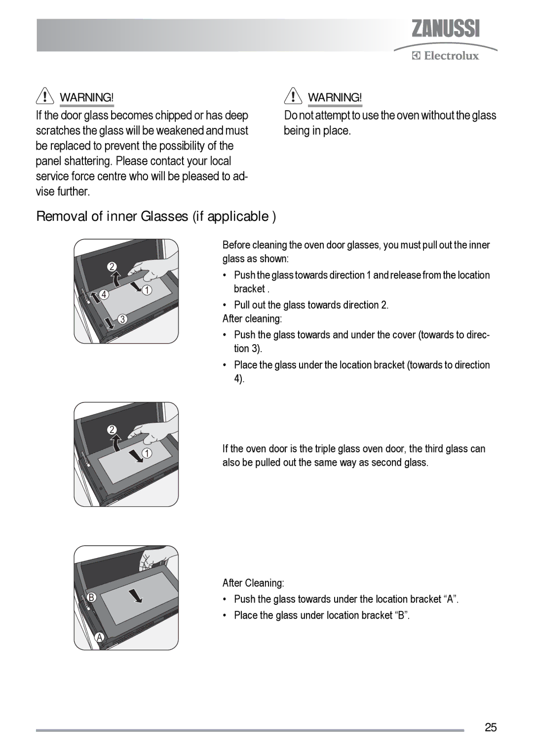 Zanussi ZKC5020, ZKS5010 user manual Removal of inner Glasses if applicable 