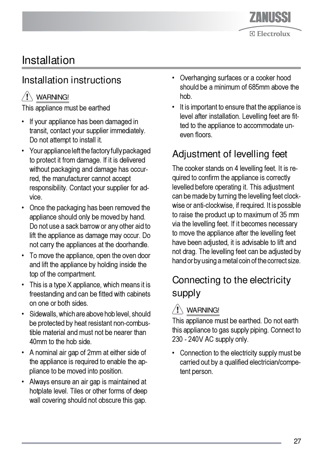 Zanussi ZKC5020, ZKS5010 Installation instructions, Adjustment of levelling feet, Connecting to the electricity supply 