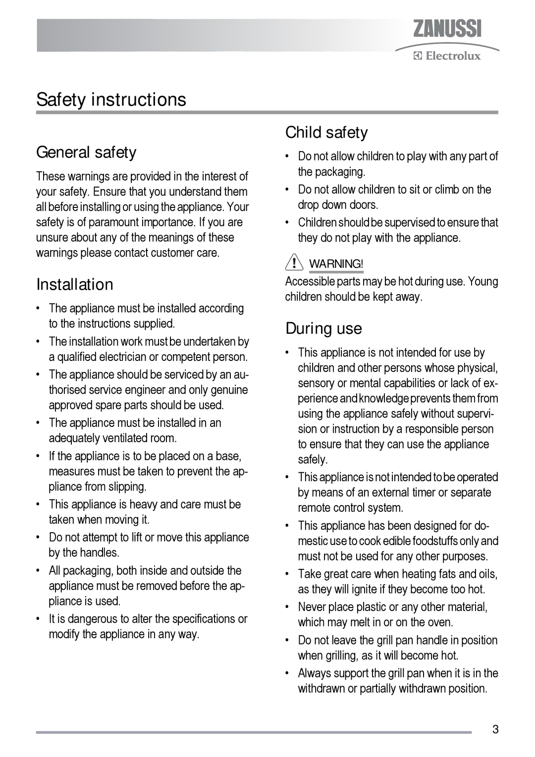 Zanussi ZKC5020, ZKS5010 user manual Safety instructions, General safety, Installation, Child safety, During use 