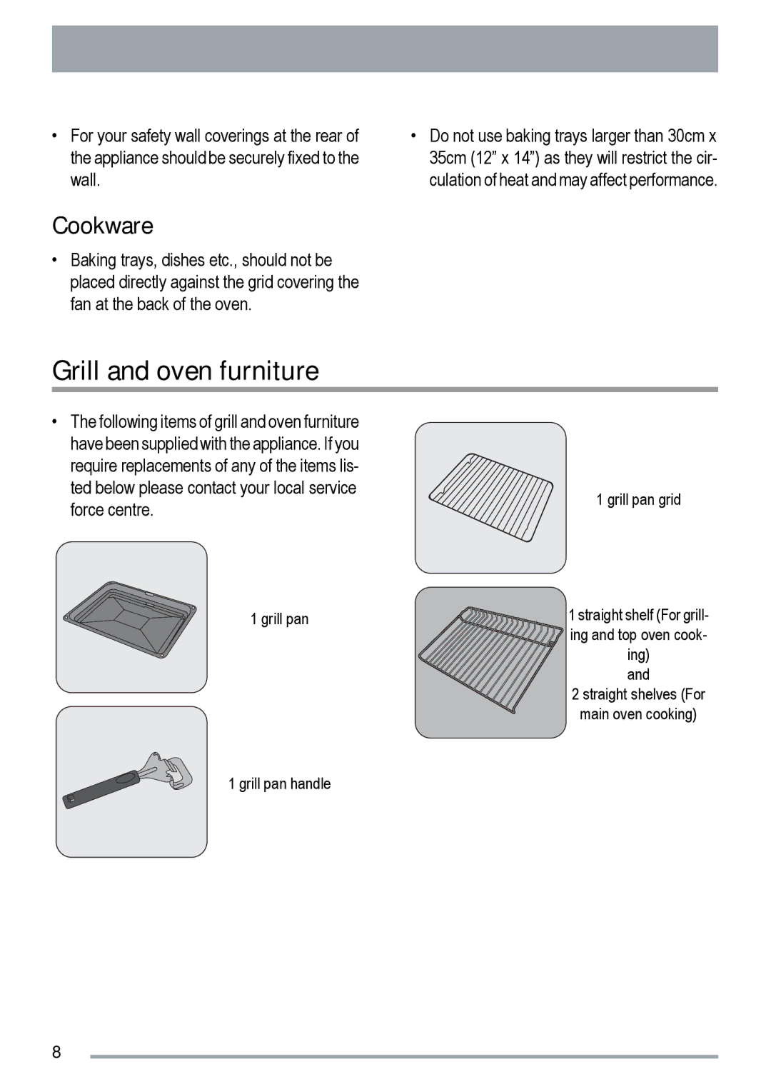 Zanussi ZKS5010, ZKC5020 user manual Grill and oven furniture, Cookware 