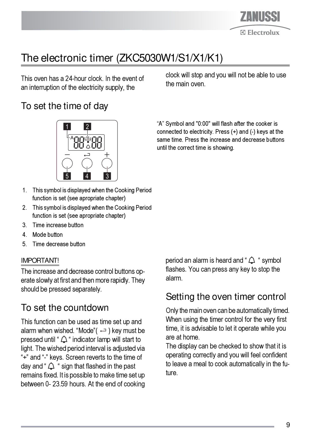 Zanussi ZKC5020, ZKS5010 user manual Electronic timer ZKC5030W1/S1/X1/K1, To set the time of day, To set the countdown 