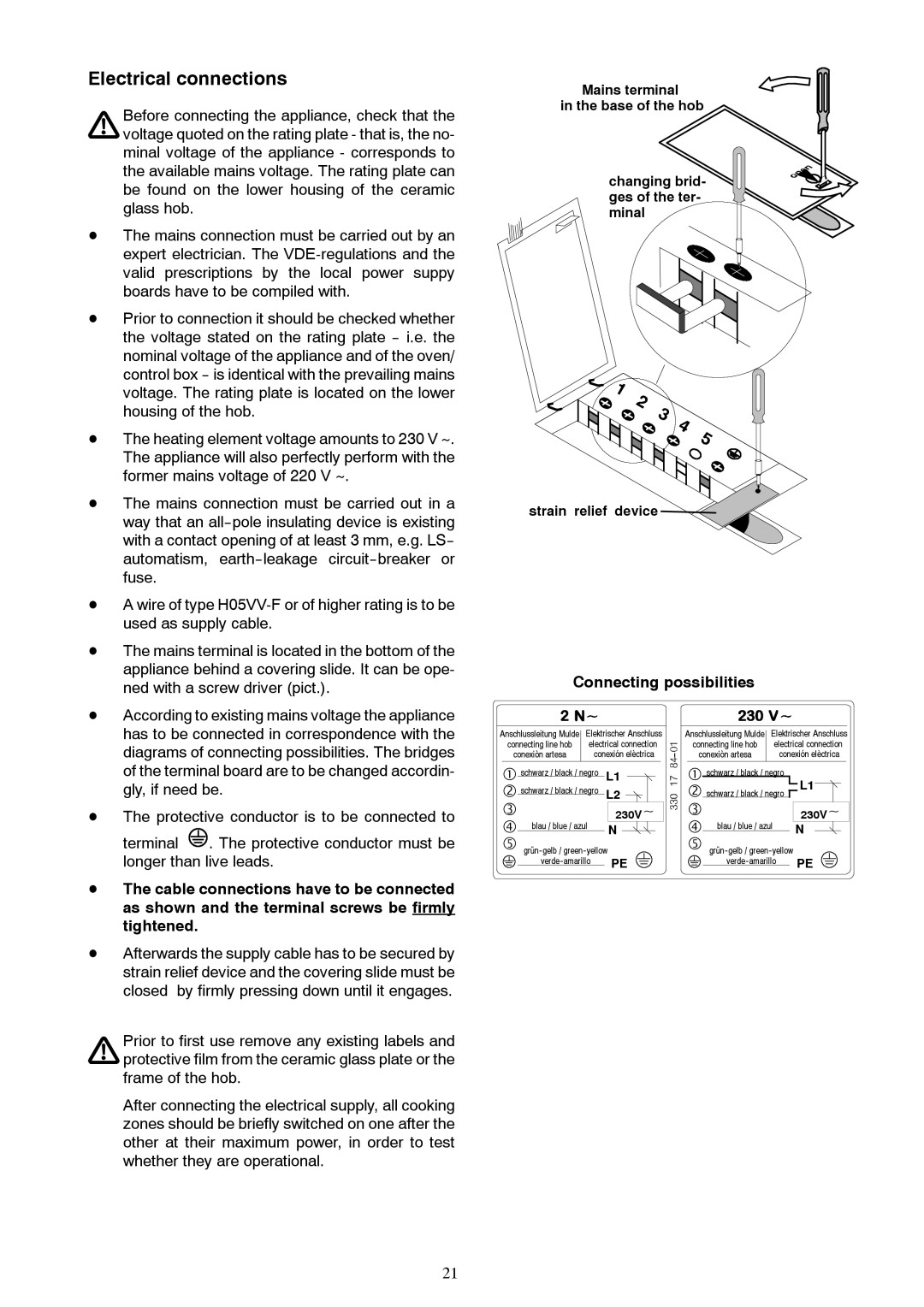 Zanussi ZKT 622 HX, ZKT 622 HN installation instructions Electrical connections, Connecting possibilities 