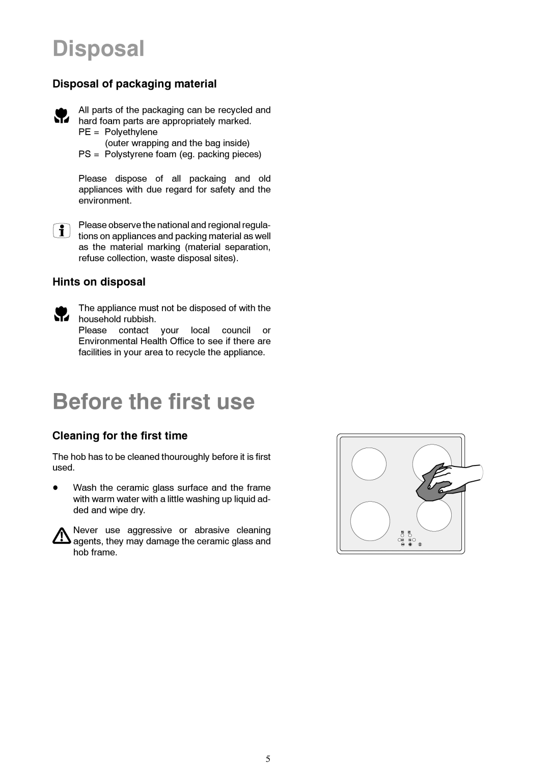 Zanussi ZKT 622 HX Before the first use, Disposal of packaging material, Hints on disposal, Cleaning for the first time 