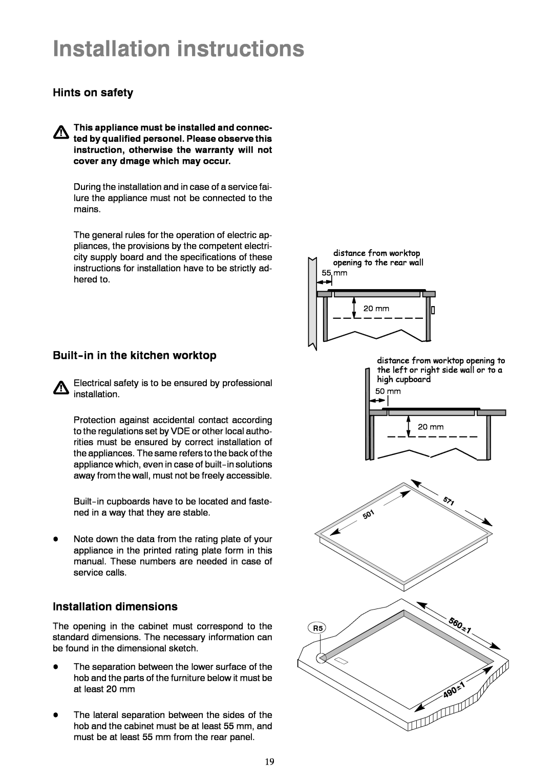 Zanussi ZKT 622 HX Installation instructions, Hints on safety, Built-in in the kitchen worktop, Installation dimensions 