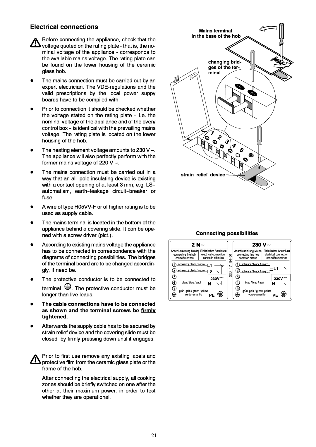 Zanussi ZKT 622 HX, ZKT 622 HN installation instructions Electrical connections, Connecting possibilities 