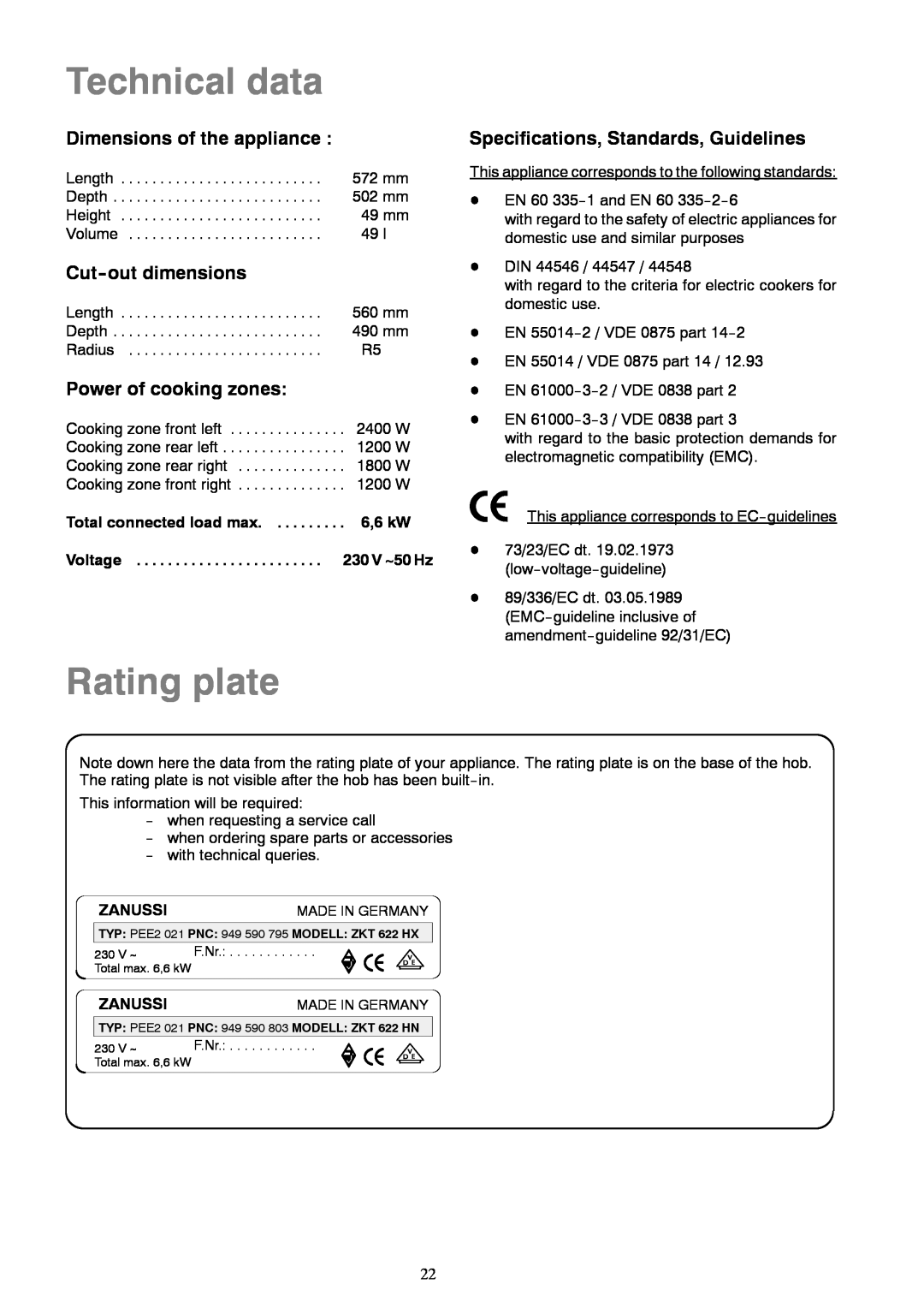 Zanussi ZKT 622 HN Technical data, Rating plate, Dimensions of the appliance, Cut-out dimensions, Power of cooking zones 