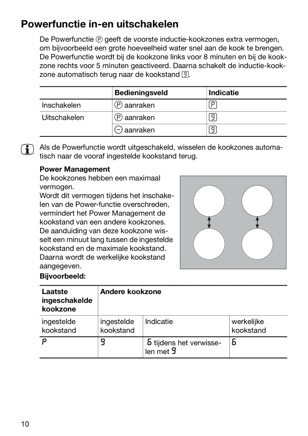 Zanussi ZKT 652 DX operating instructions Powerfunctie in-en uitschakelen, Power Management 