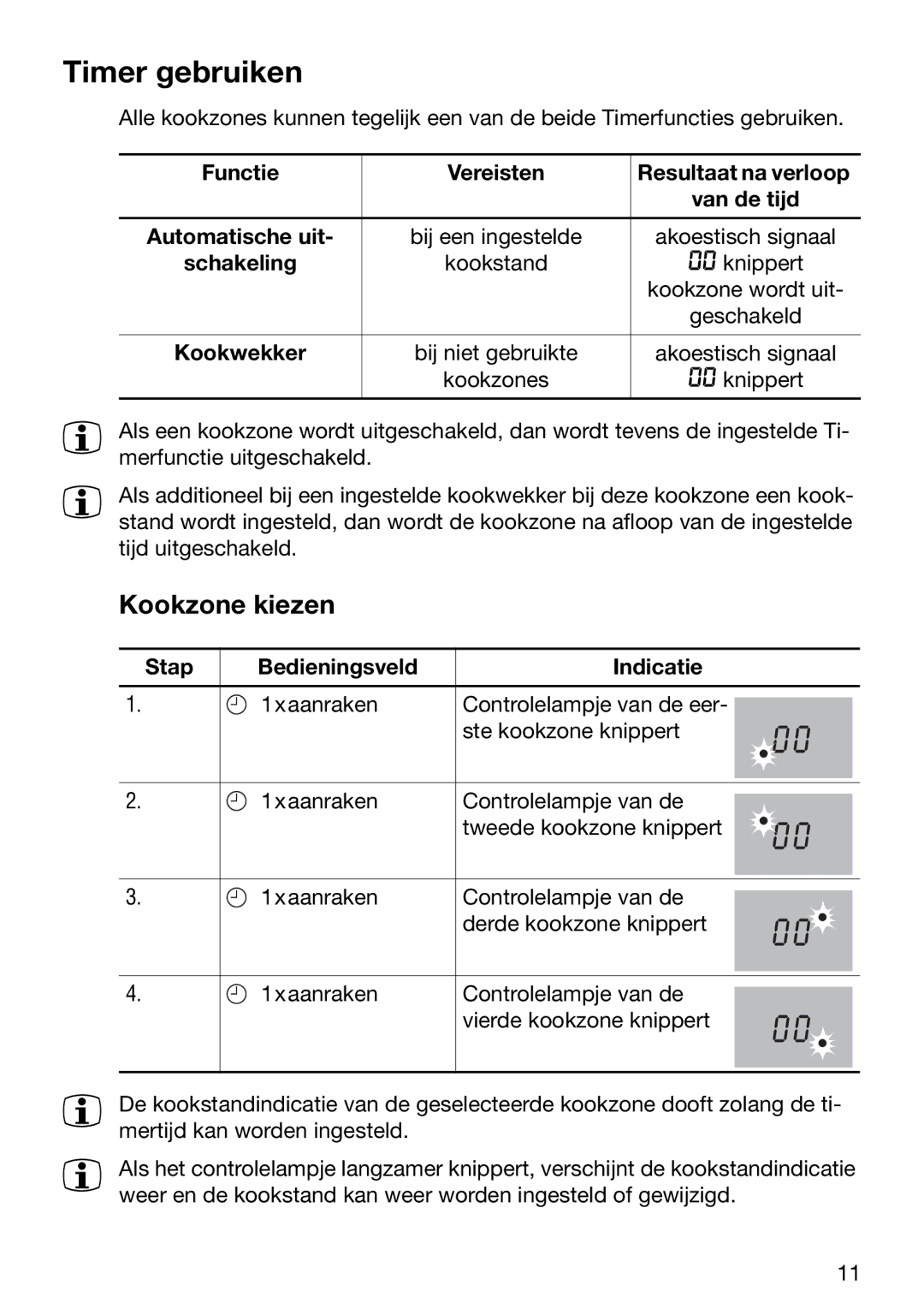 Zanussi ZKT 652 DX operating instructions Timer gebruiken, Kookzone kiezen 