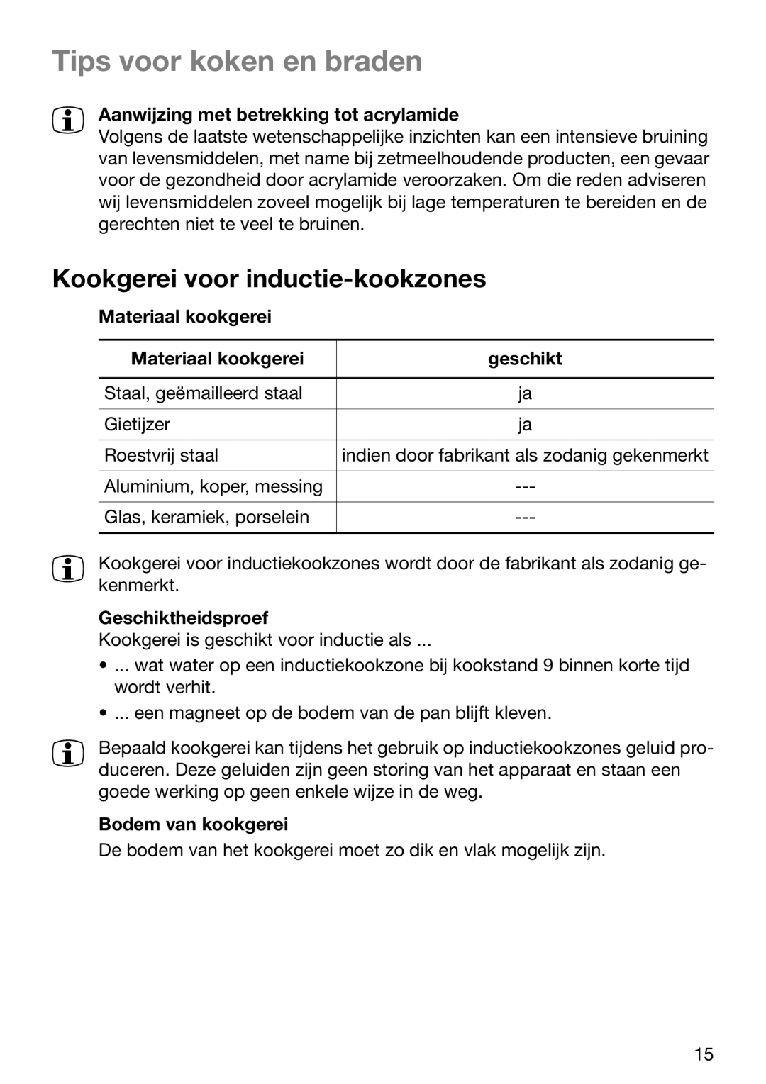 Zanussi ZKT 652 DX operating instructions Tips voor koken en braden, Kookgerei voor inductie-kookzones 