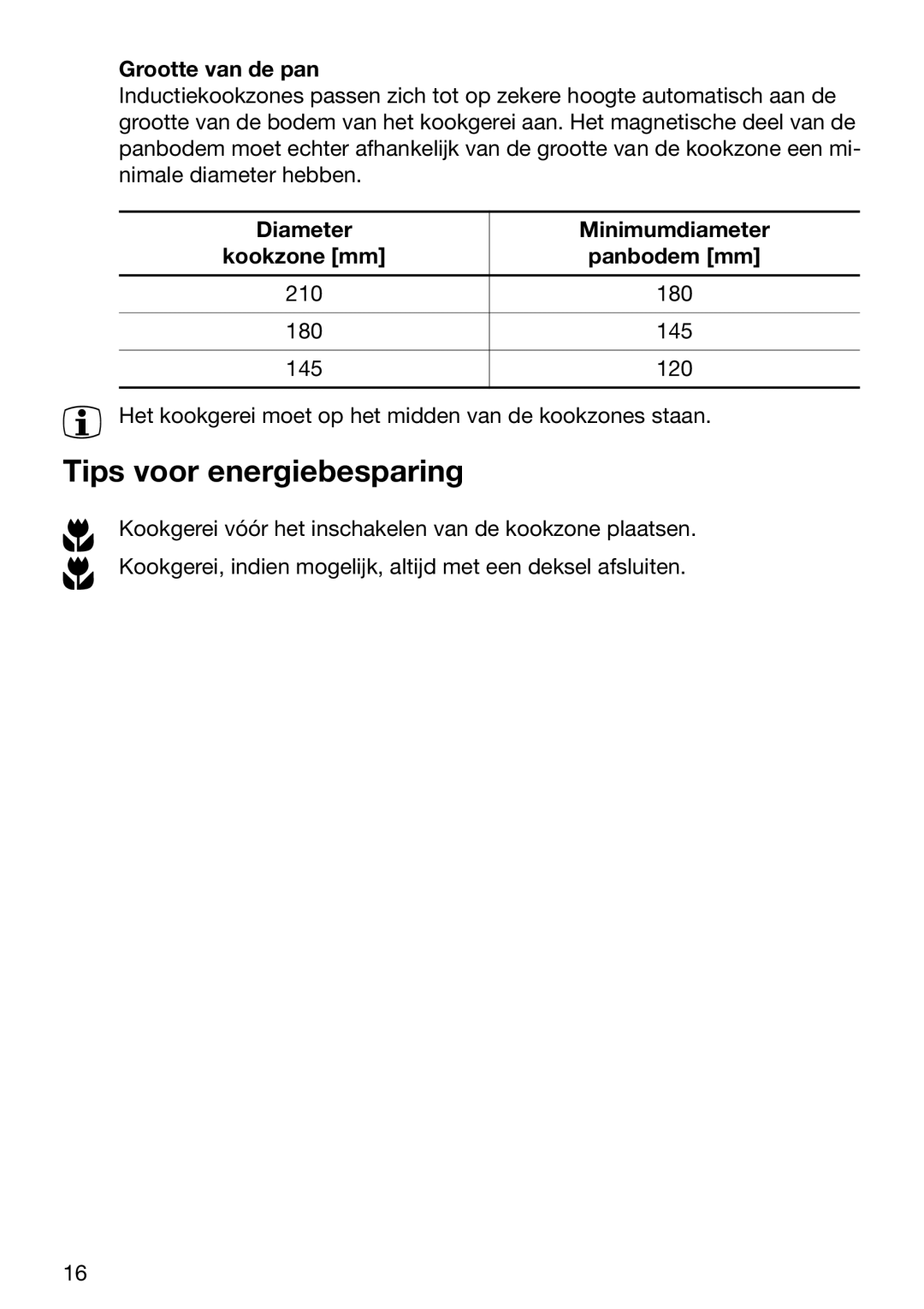 Zanussi ZKT 652 DX Tips voor energiebesparing, Grootte van de pan, Diameter Minimumdiameter Kookzone mm Panbodem mm 