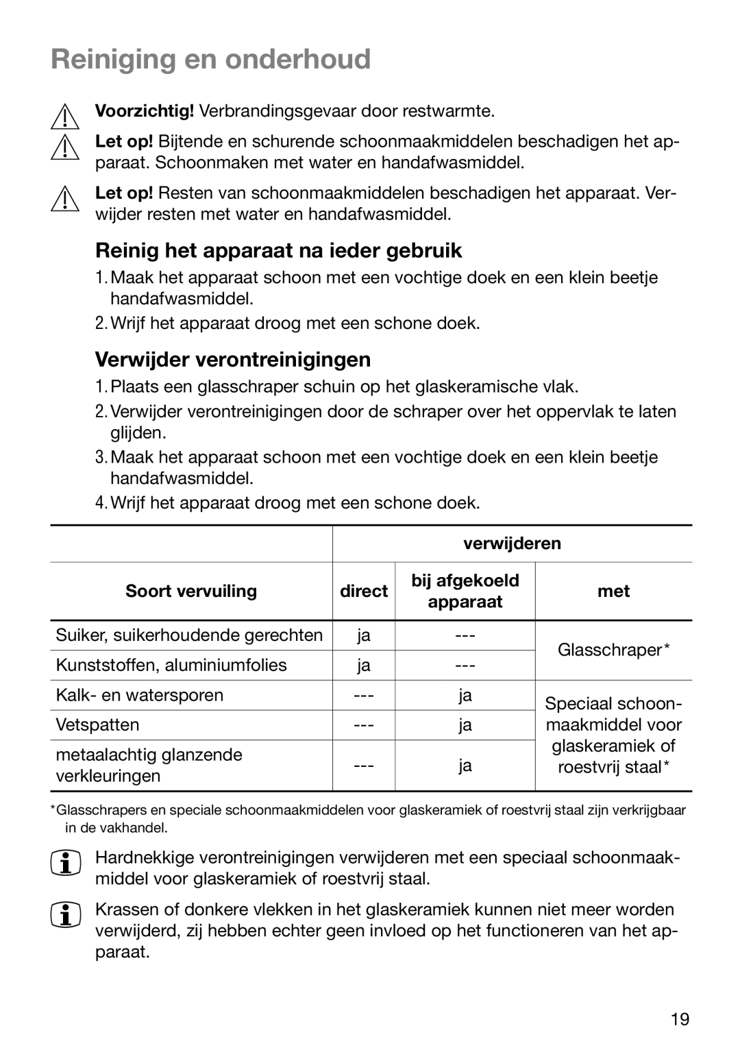 Zanussi ZKT 652 DX Reiniging en onderhoud, Reinig het apparaat na ieder gebruik, Verwijder verontreinigingen 