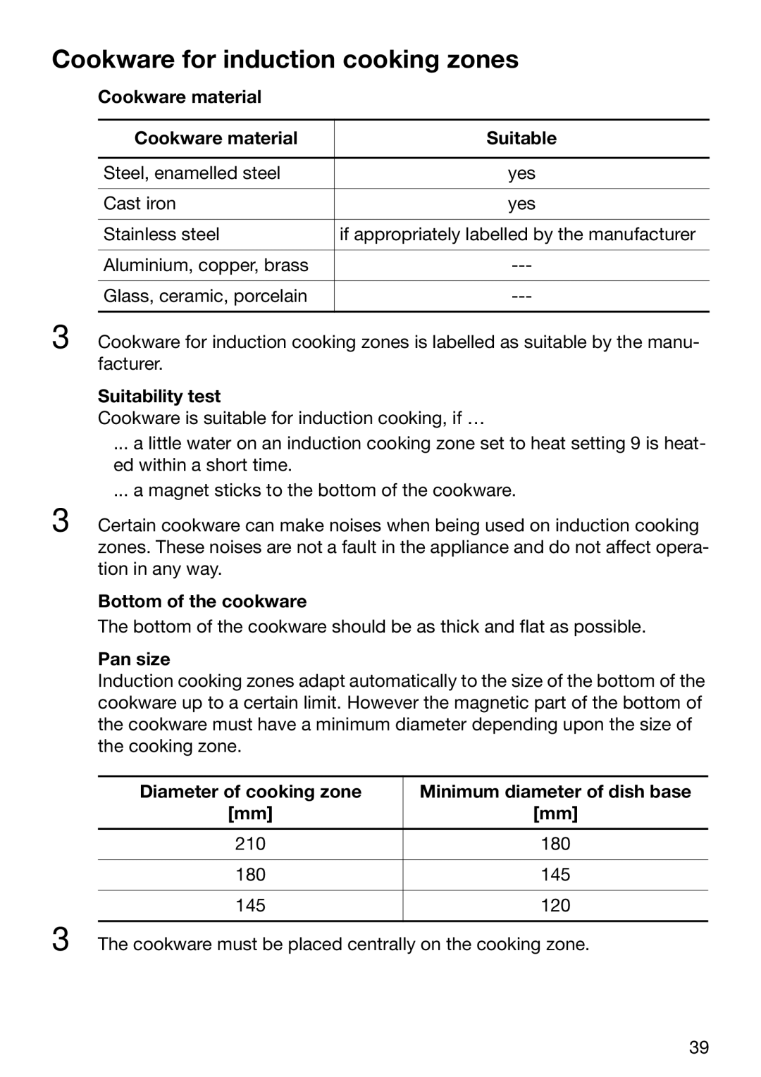 Zanussi ZKT 652 DX operating instructions Cookware for induction cooking zones 