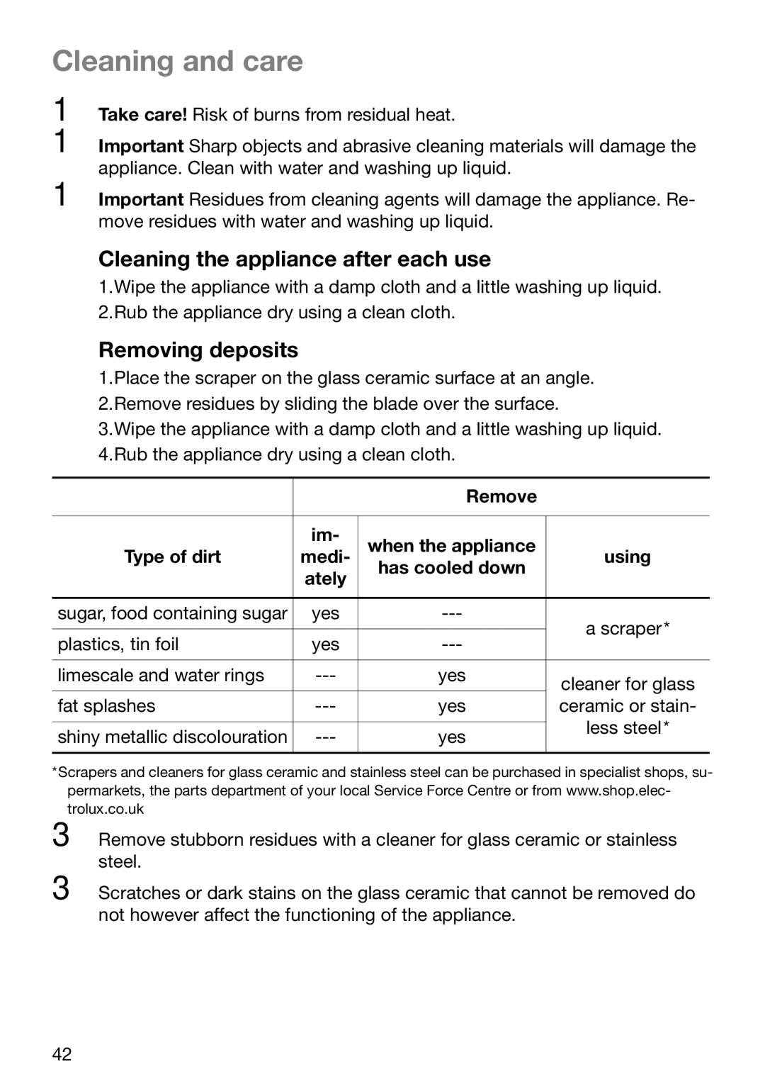 Zanussi ZKT 652 DX operating instructions Cleaning and care, Cleaning the appliance after each use, Removing deposits 