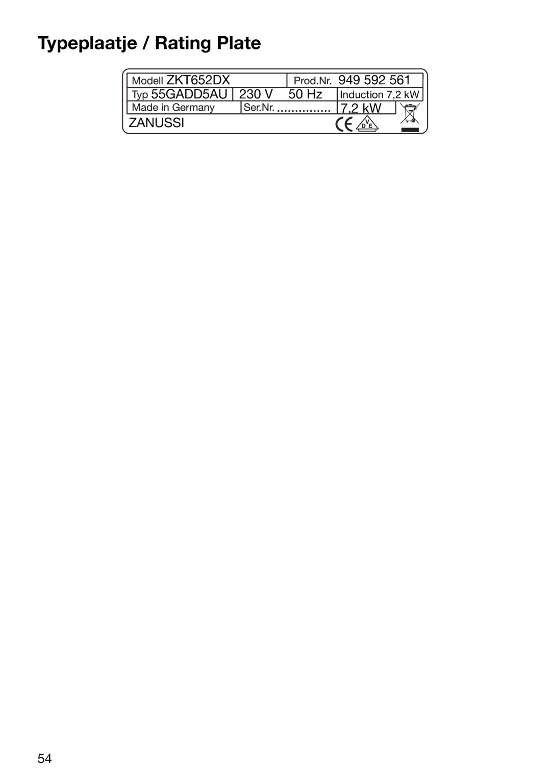 Zanussi ZKT 652 DX operating instructions Typeplaatje / Rating Plate, Zanussi 