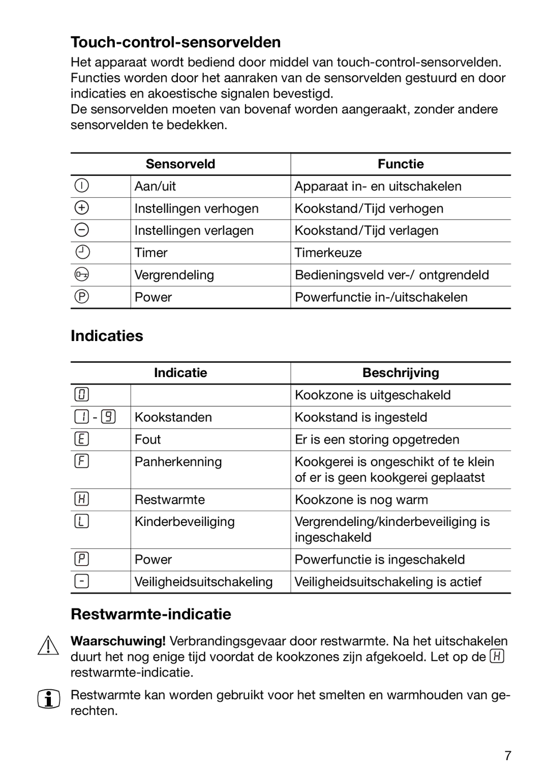 Zanussi ZKT 652 DX operating instructions Touch-control-sensorvelden, Indicaties, Restwarmte-indicatie, Sensorveld Functie 