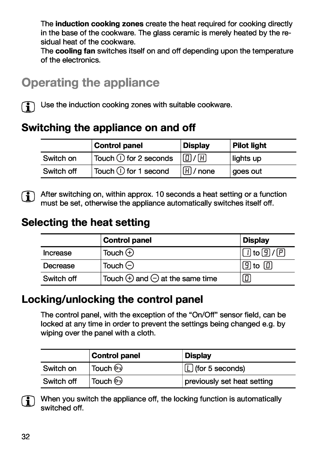 Zanussi ZKT 652 DX Operating the appliance, Switching the appliance on and off, Selecting the heat setting 