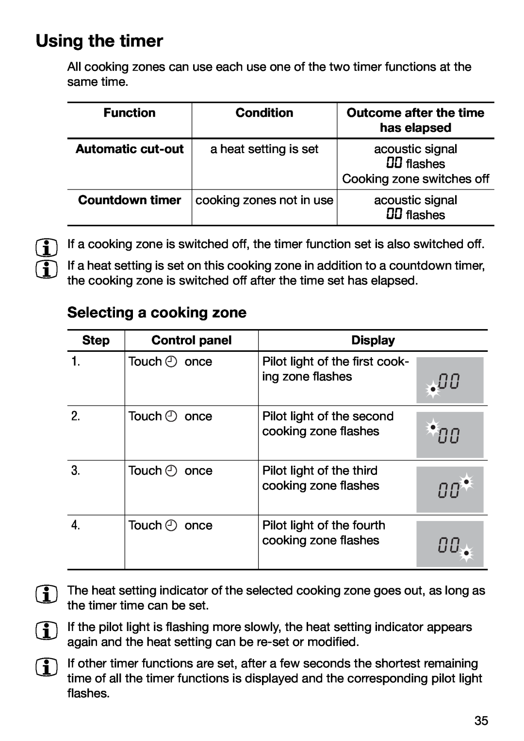 Zanussi ZKT 652 DX operating instructions Using the timer, Selecting a cooking zone 