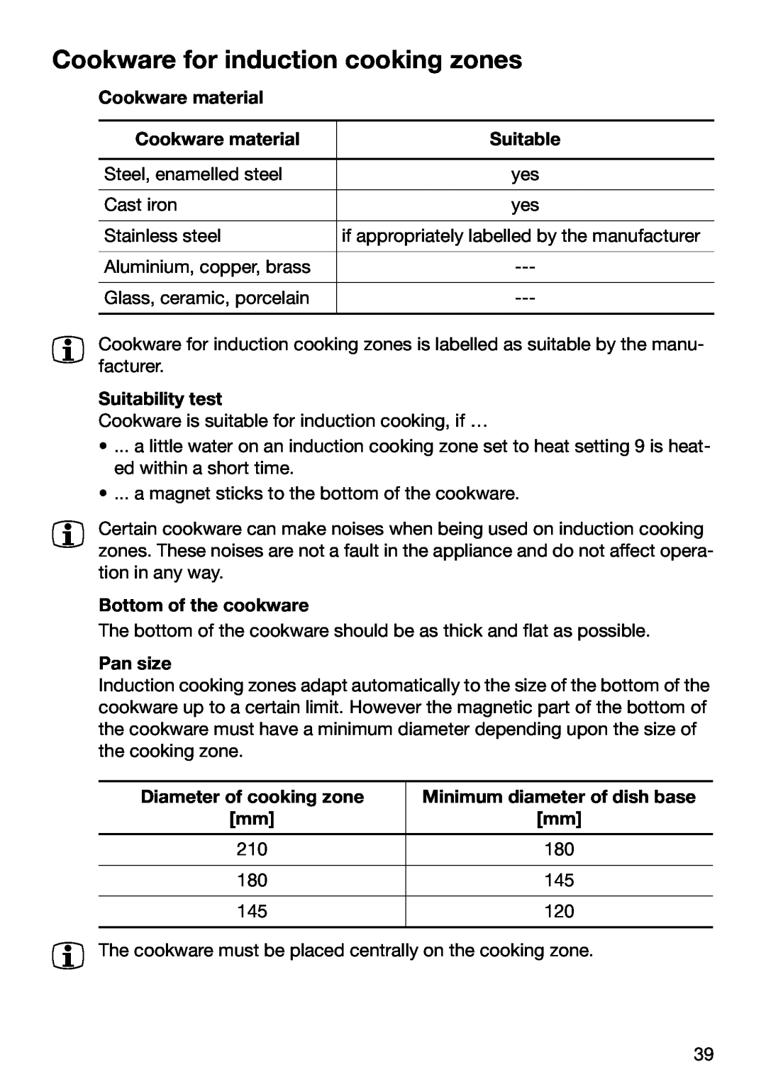Zanussi ZKT 652 DX operating instructions Cookware for induction cooking zones 
