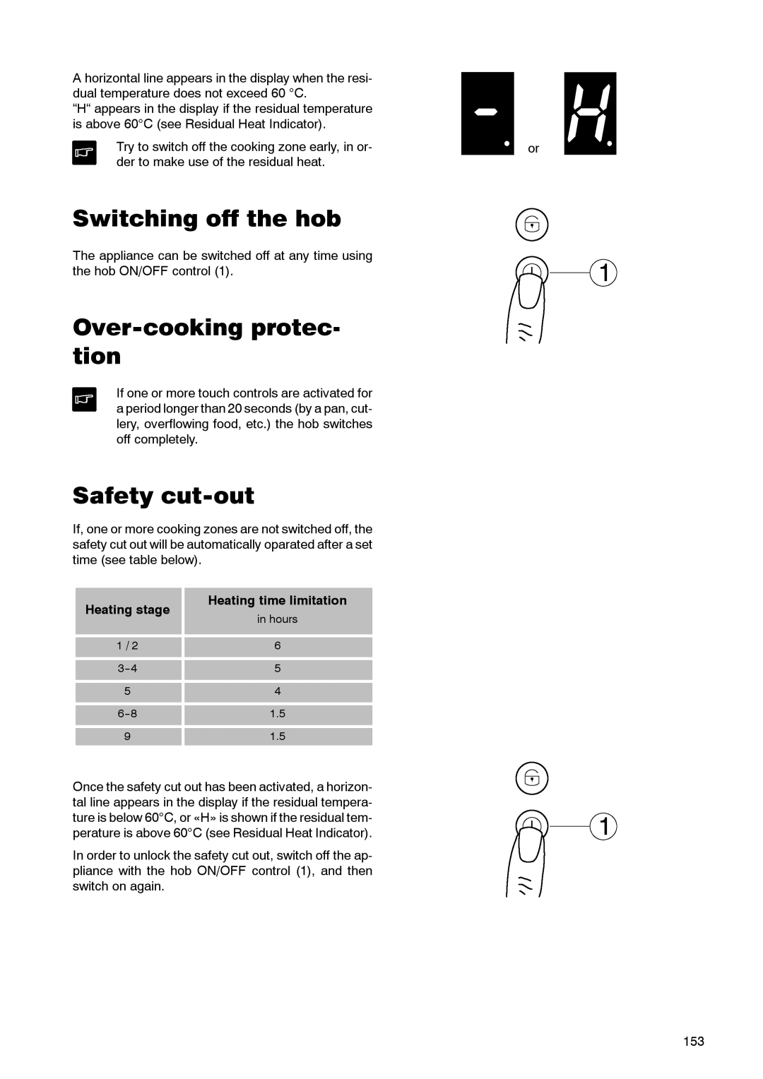 Zanussi ZKT 662 LN Switching off the hob, Over-cooking protec- tion, Safety cut-out, Heating stage Heating time limitation 