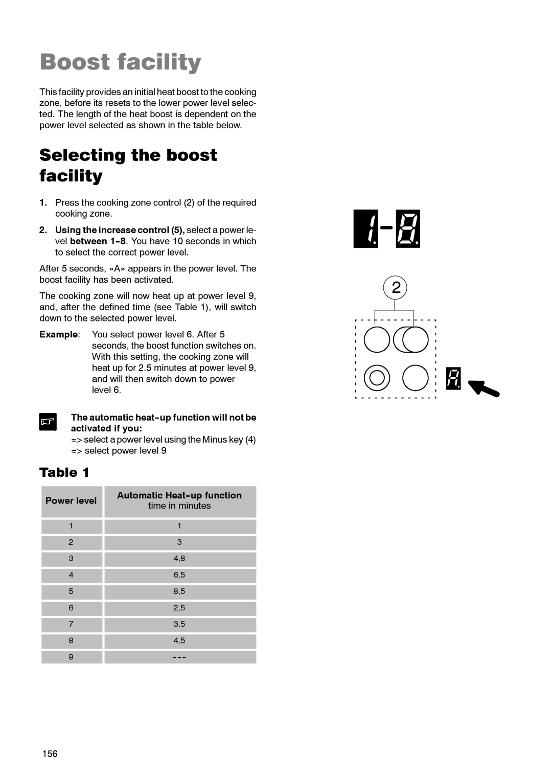 Zanussi ZKT 662 LN Boost facility, Selecting the boost facility, Automatic heat--up function will not be activated if you 