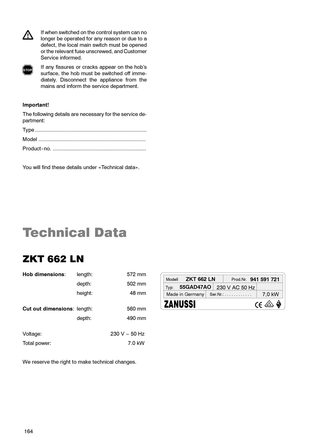 Zanussi operating instructions Technical Data, Hob dimensions, Cut out dimensions length, ZKT 662 LN Prod.Nr 591 