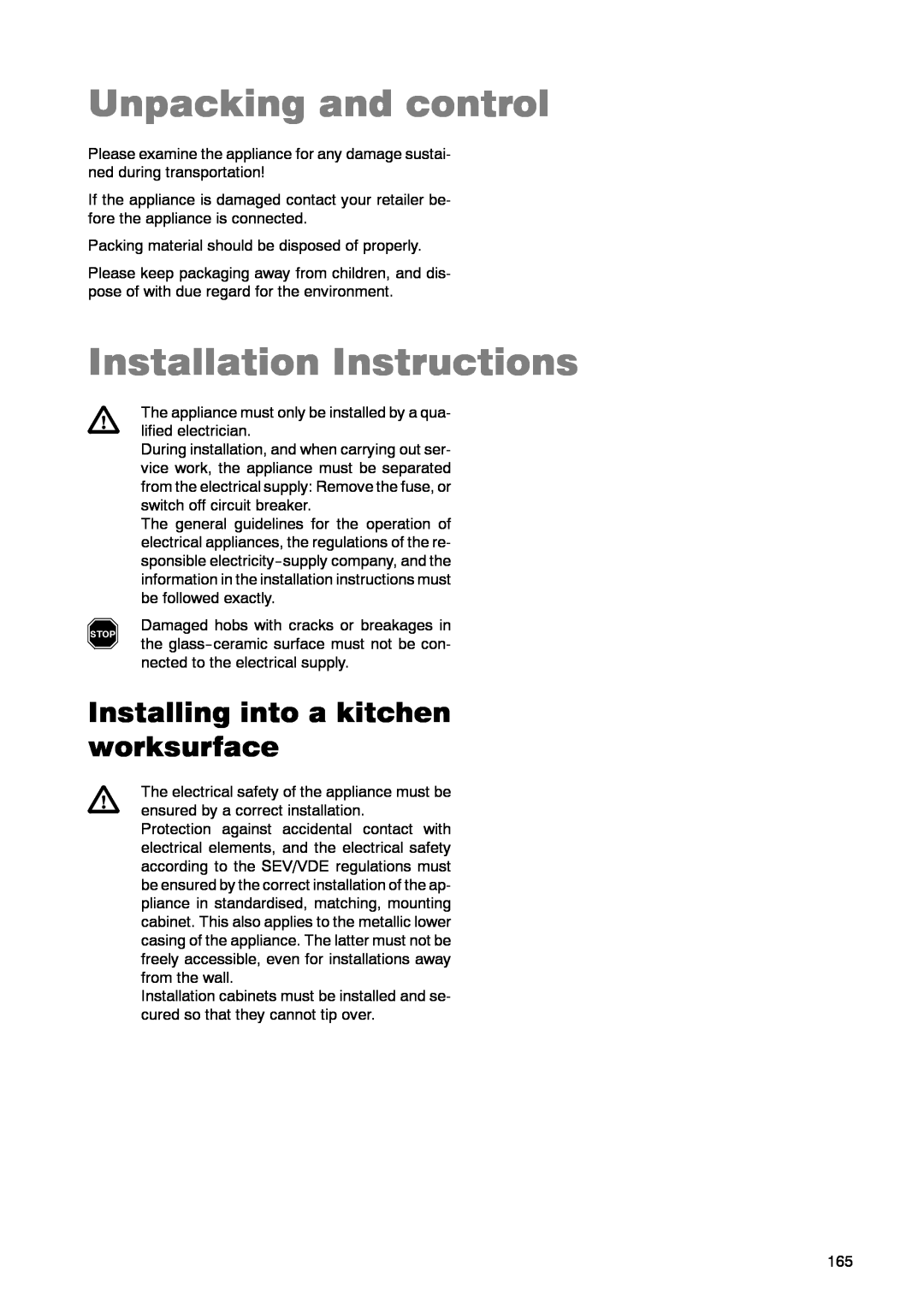Zanussi ZKT 662 LN Unpacking and control, Installation Instructions, Installing into a kitchen worksurface 