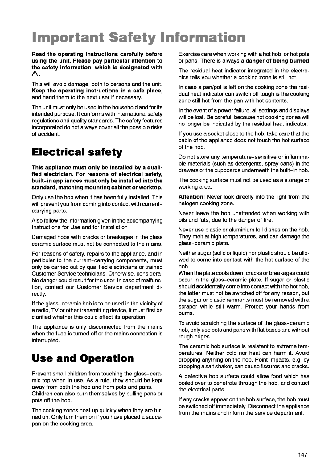 Zanussi ZKT 662 LN operating instructions Important Safety Information, Electrical safety, Use and Operation 