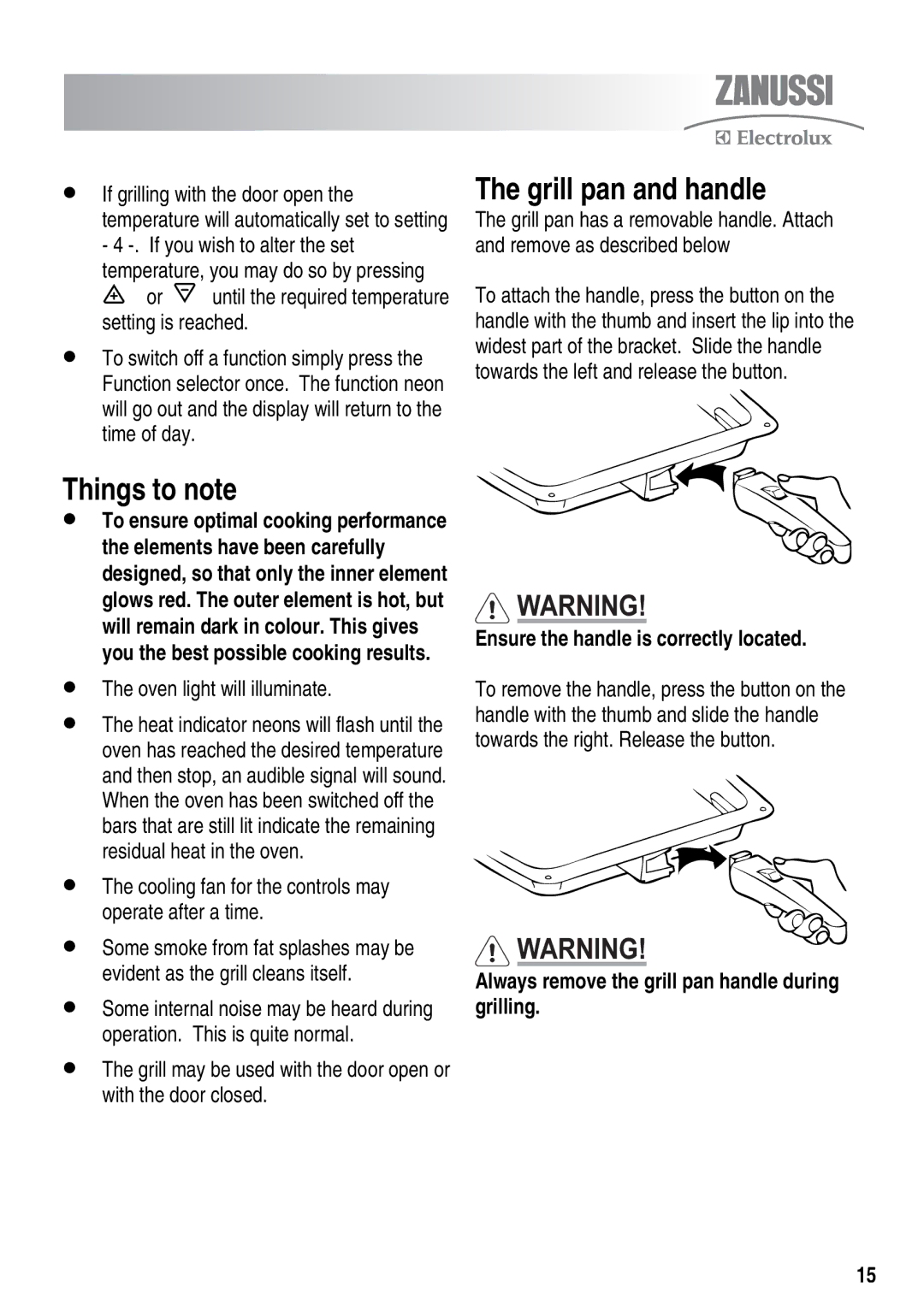 Zanussi ZKT6050 user manual Grill pan and handle, Ensure the handle is correctly located 