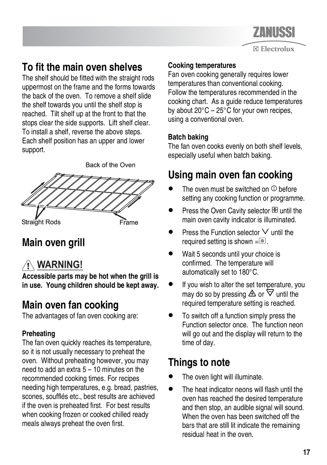 Zanussi ZKT6050 Main oven grill, Main oven fan cooking, Using main oven fan cooking, To fit the main oven shelves 