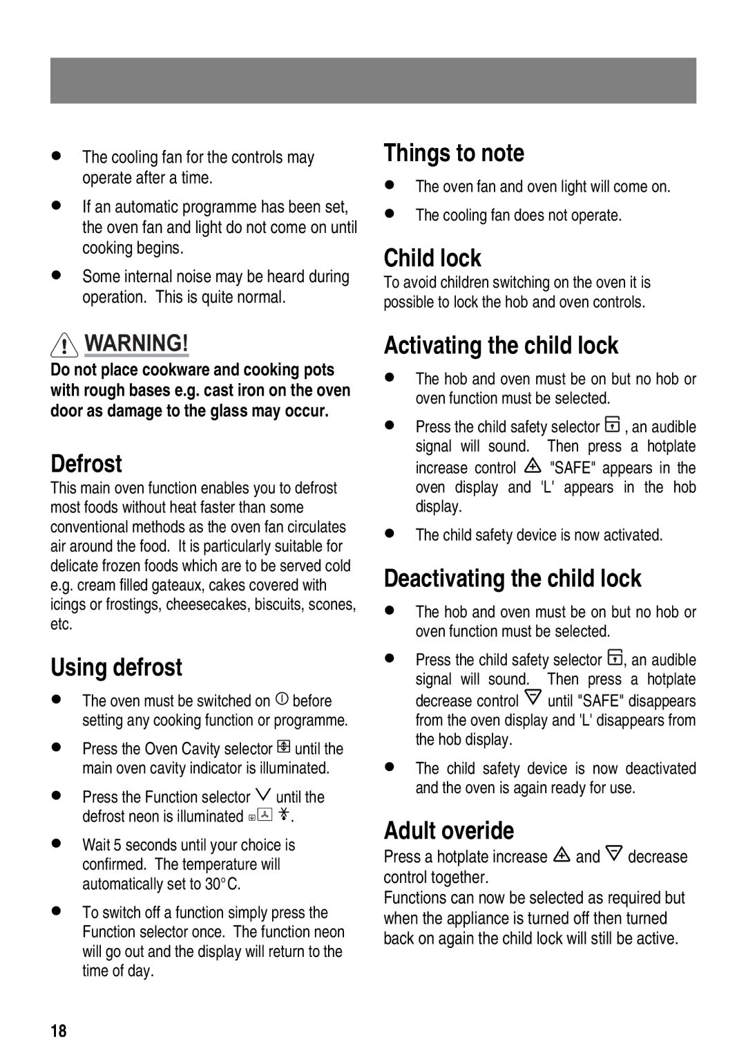 Zanussi ZKT6050 Child lock, Defrost, Using defrost, Activating the child lock, Deactivating the child lock, Adult overide 