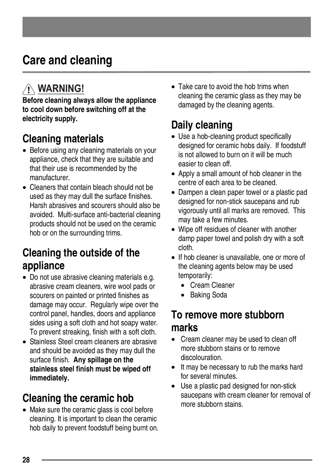 Zanussi ZKT6050 user manual Care and cleaning 