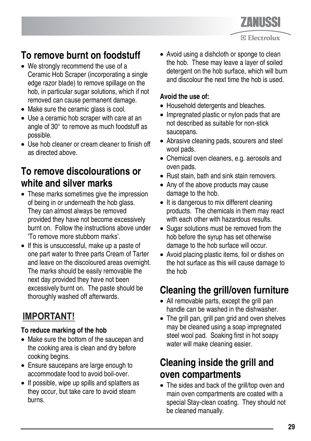 Zanussi ZKT6050 Cleaning the grill/oven furniture, Cleaning inside the grill and oven compartments, Avoid the use 
