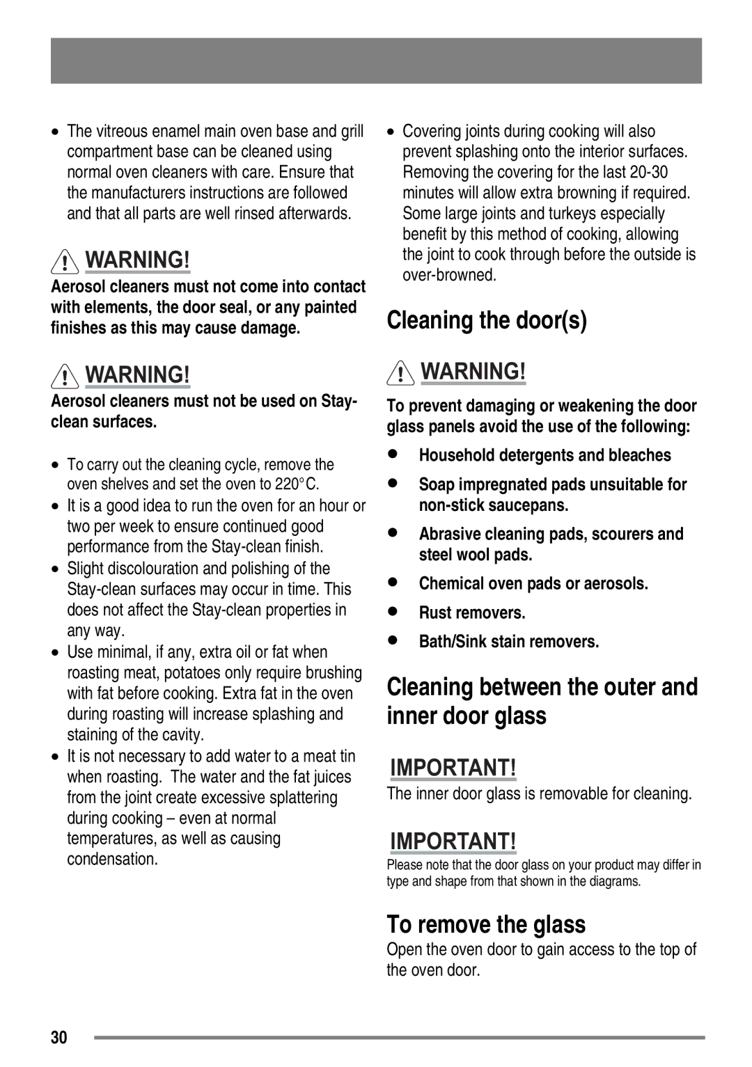 Zanussi ZKT6050 user manual Cleaning the doors, To remove the glass, Cleaning between the outer and inner door glass 