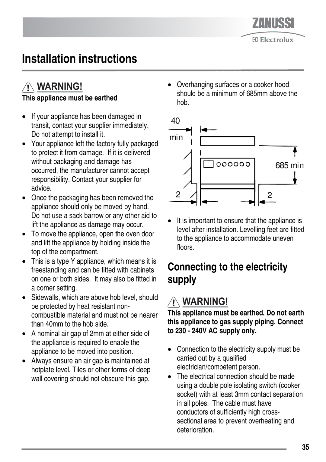 Zanussi ZKT6050 user manual Installation instructions, Connecting to the electricity supply, This appliance must be earthed 