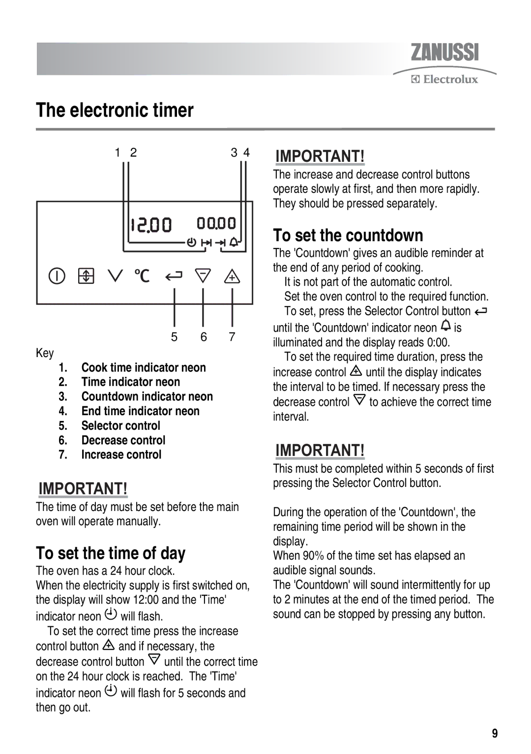 Zanussi ZKT6050 user manual Electronic timer, To set the time of day, To set the countdown 