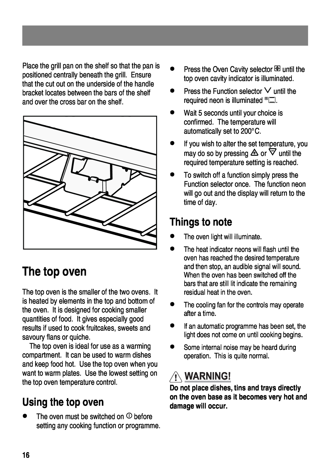 Zanussi ZKT6050 user manual The top oven, Using the top oven, Things to note 