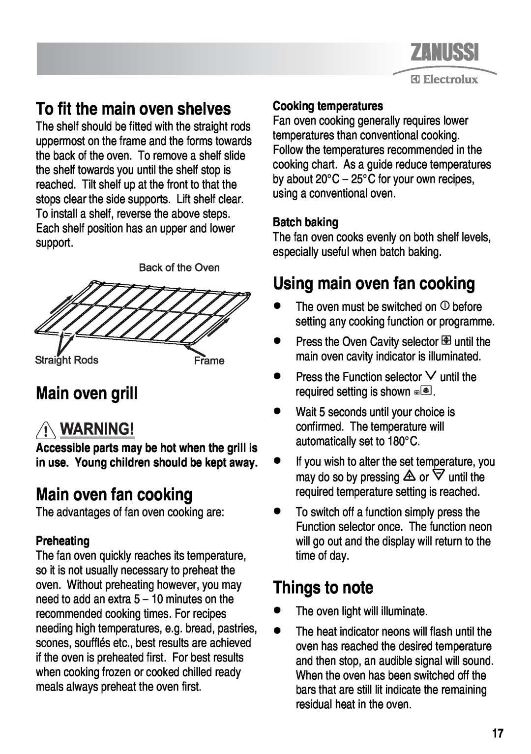 Zanussi ZKT6050 Main oven grill, Main oven fan cooking, Using main oven fan cooking, To fit the main oven shelves 