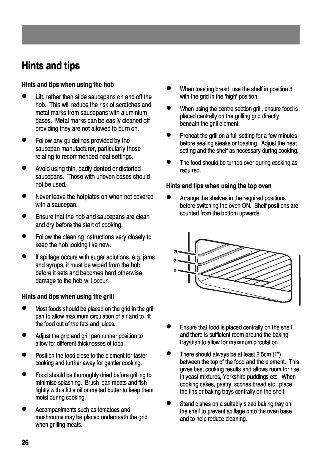 Zanussi ZKT6050 user manual Hints and tips when using the hob, Hints and tips when using the grill 