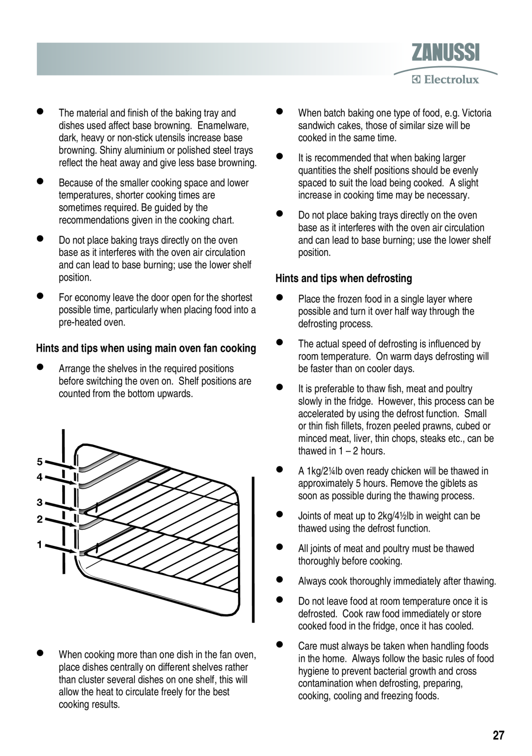 Zanussi ZKT6050 user manual Hints and tips when defrosting, Hints and tips when using main oven fan cooking 