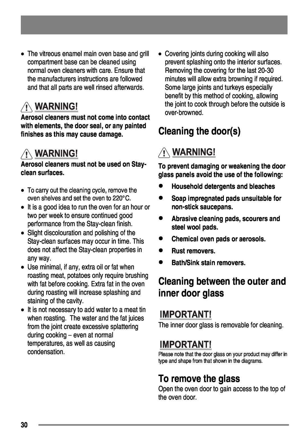 Zanussi ZKT6050 user manual Cleaning the doors, To remove the glass, Cleaning between the outer and inner door glass 