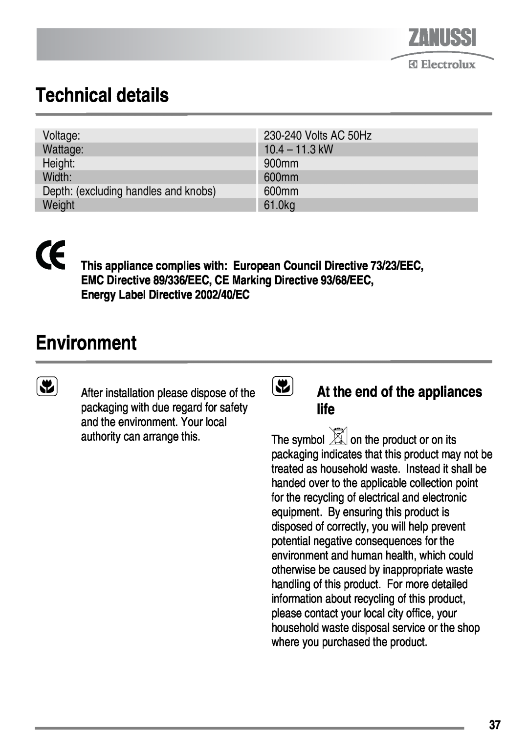 Zanussi ZKT6050 user manual Technical details, Environment, At the end of the appliances life 