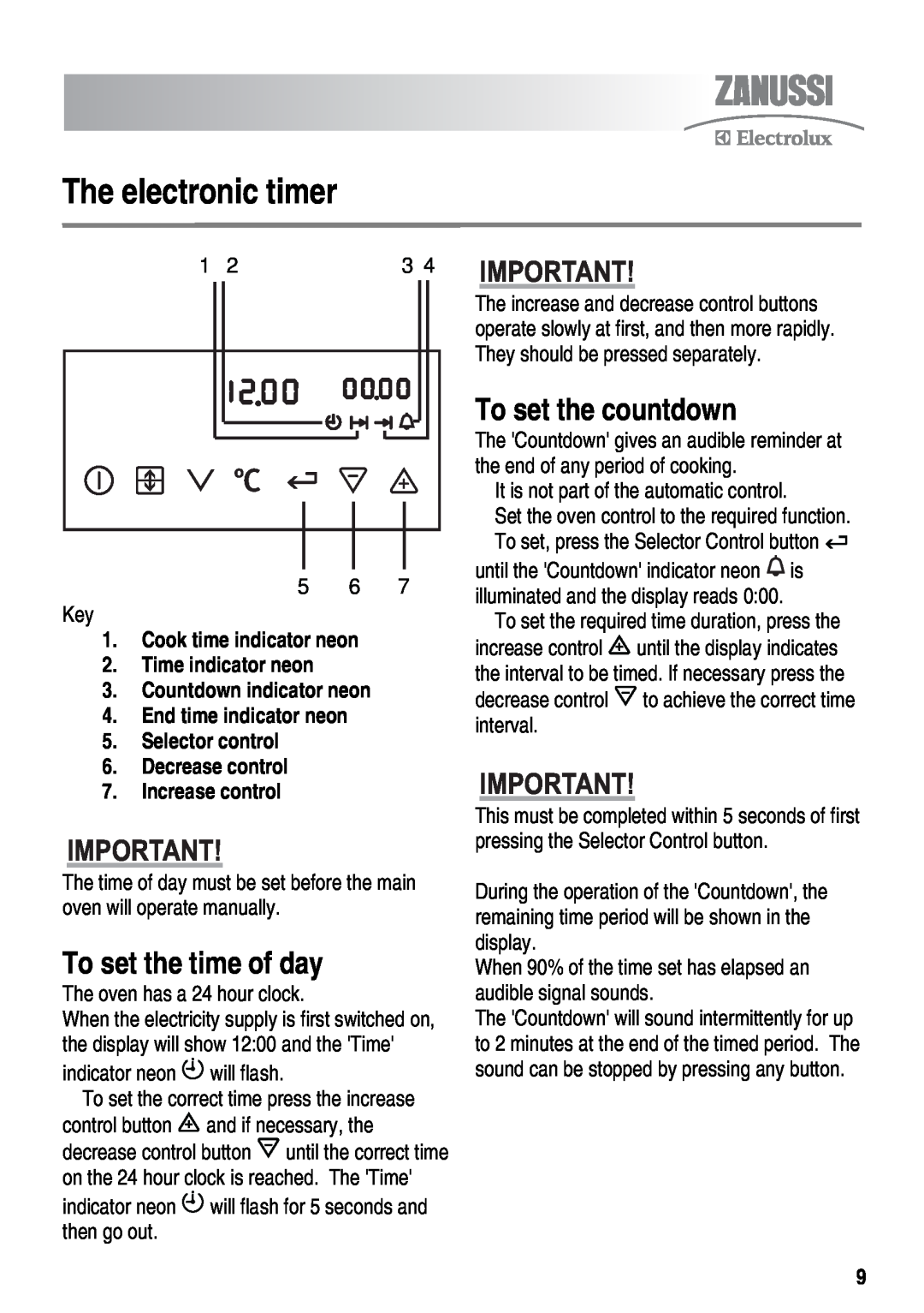 Zanussi ZKT6050 user manual The electronic timer, To set the time of day, To set the countdown, 1 23 4 IMPORTANT 