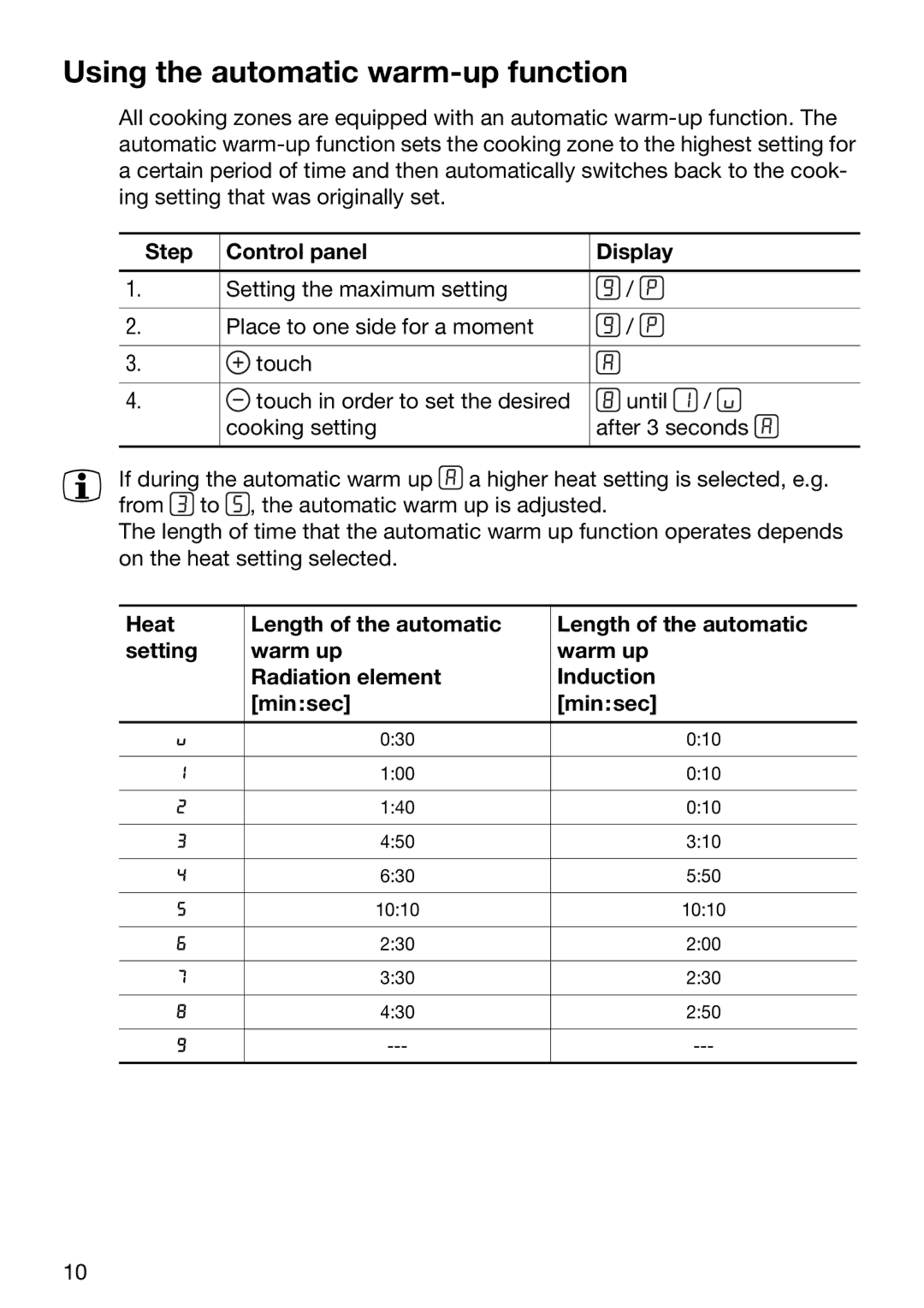 Zanussi ZKT631DX manual Using the automatic warm-up function, Step Control panel Display 