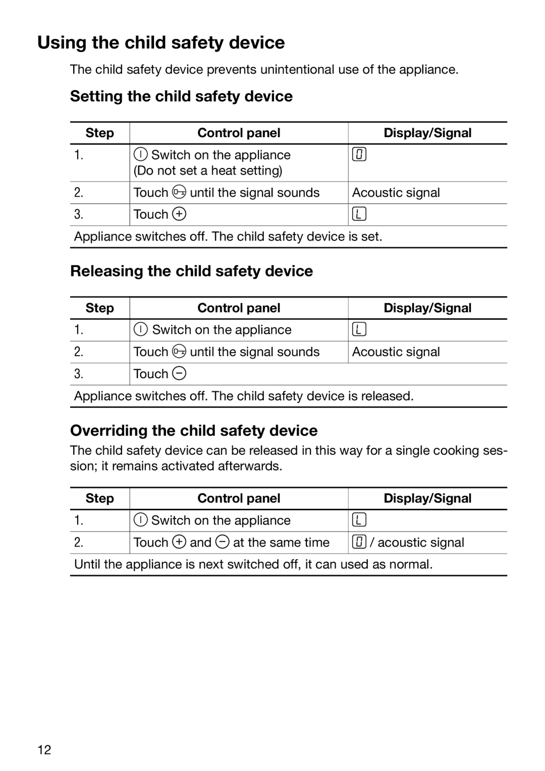 Zanussi ZKT631DX manual Using the child safety device, Setting the child safety device, Releasing the child safety device 