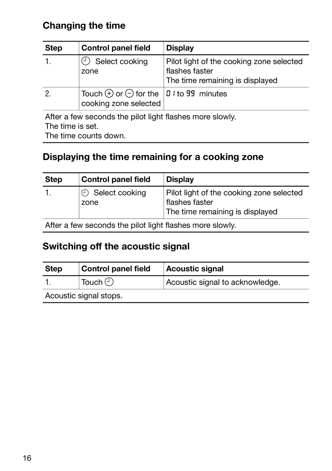 Zanussi ZKT631DX Changing the time, Displaying the time remaining for a cooking zone, Switching off the acoustic signal 