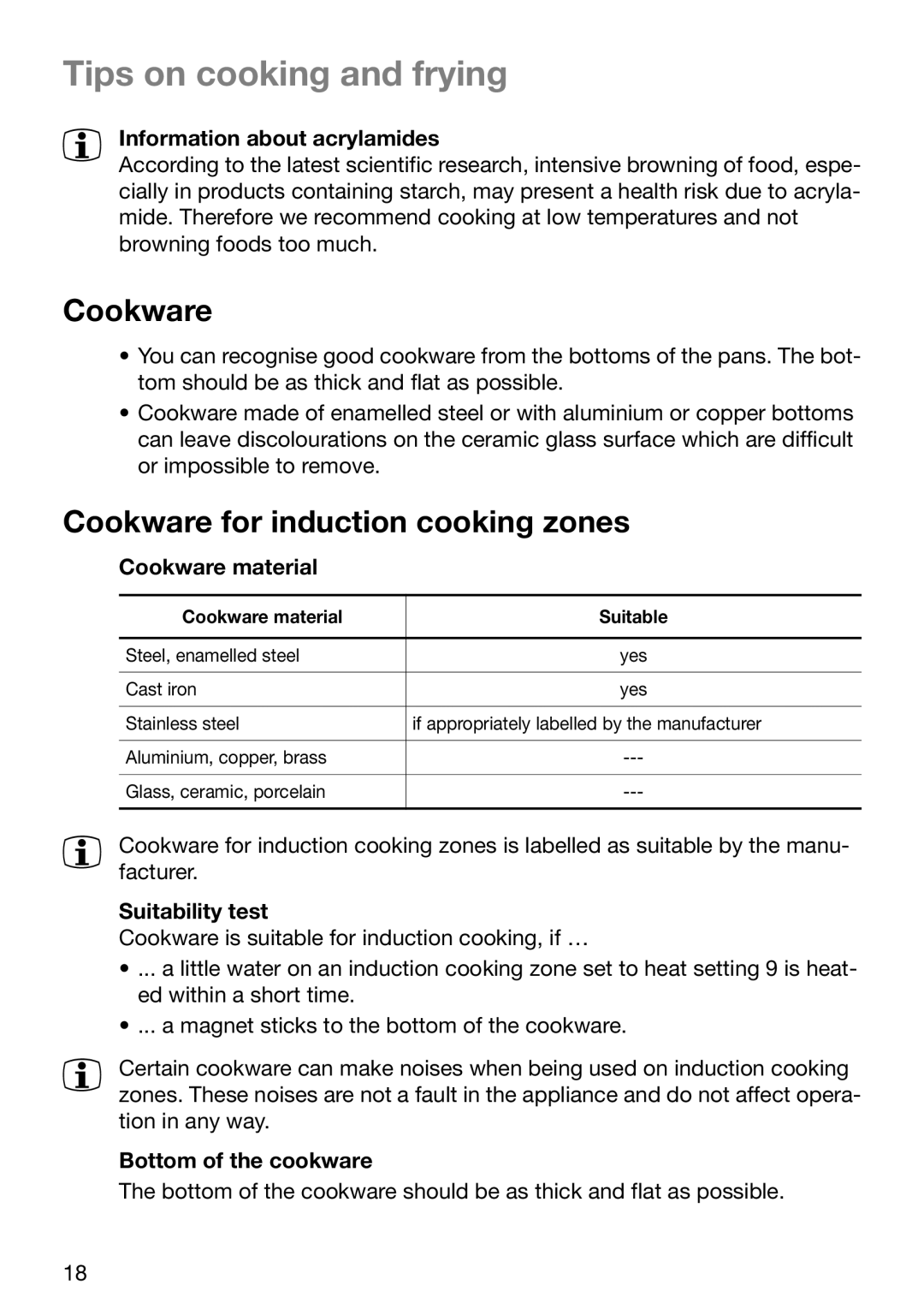 Zanussi ZKT631DX manual Tips on cooking and frying, Cookware for induction cooking zones 