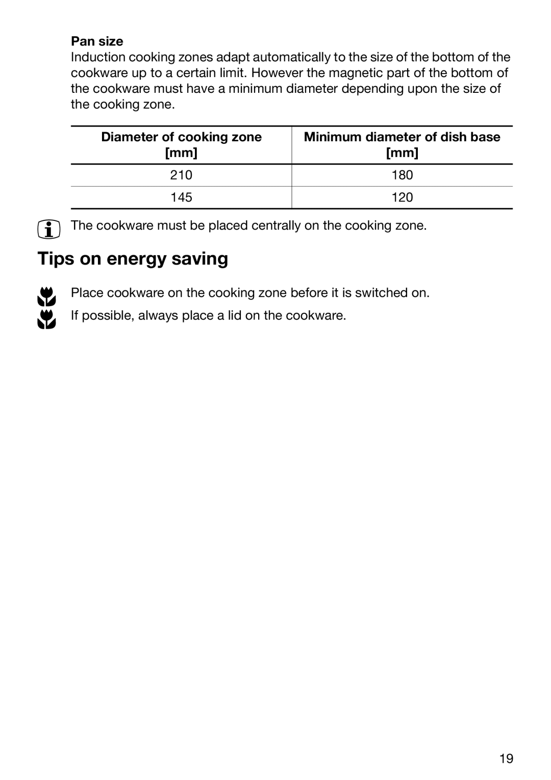 Zanussi ZKT631DX manual Tips on energy saving, Pan size 